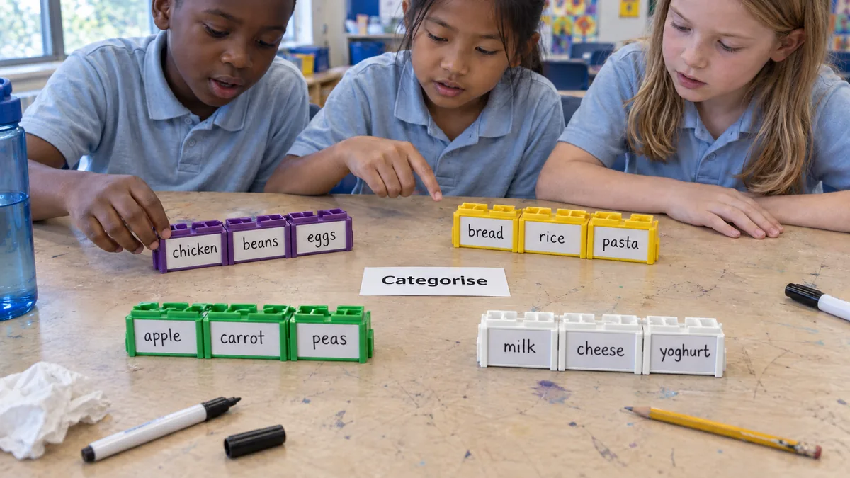 Illustration: three primary learners sort food blocks into four colour groups: chicken, beans and eggs; bread, rice and pasta; apple, carrot and peas; milk, cheese and yoghurt