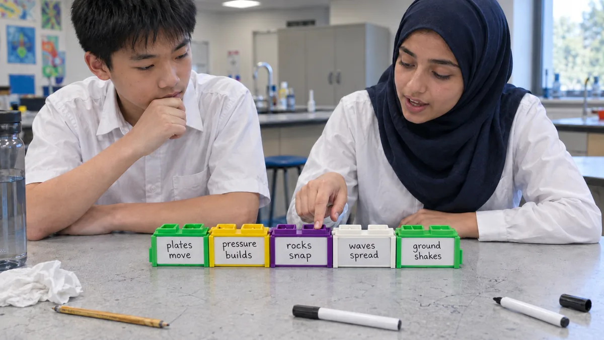 Illustration: two secondary learners at a lab bench, one pointing at the third block in a line reading plates move, pressure builds, rocks snap, waves spread, ground shakes