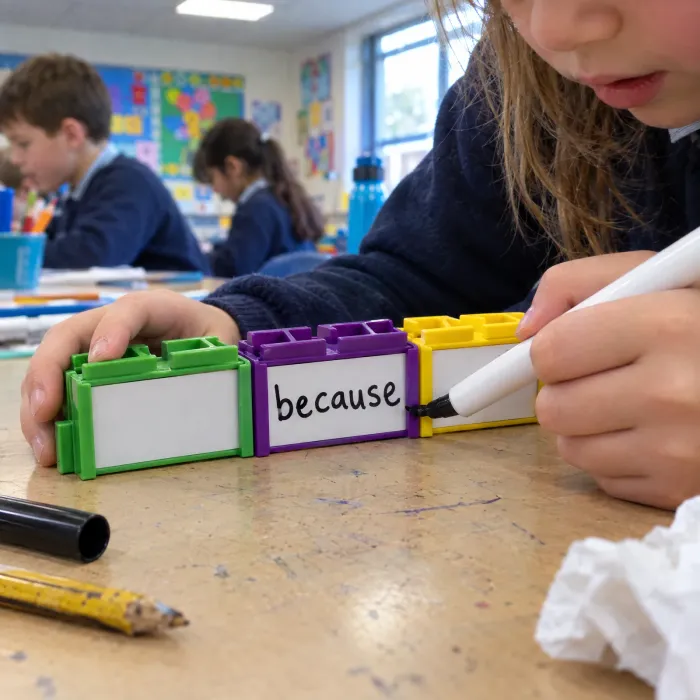Illustration: a hand finishes writing the word because on a block's white panel with a dry-wipe pen