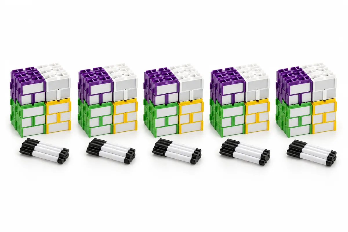 Illustration: five identical Writer's Block class kits side by side, each a solid stack of blocks in four colours with a bundle of dry-wipe pens