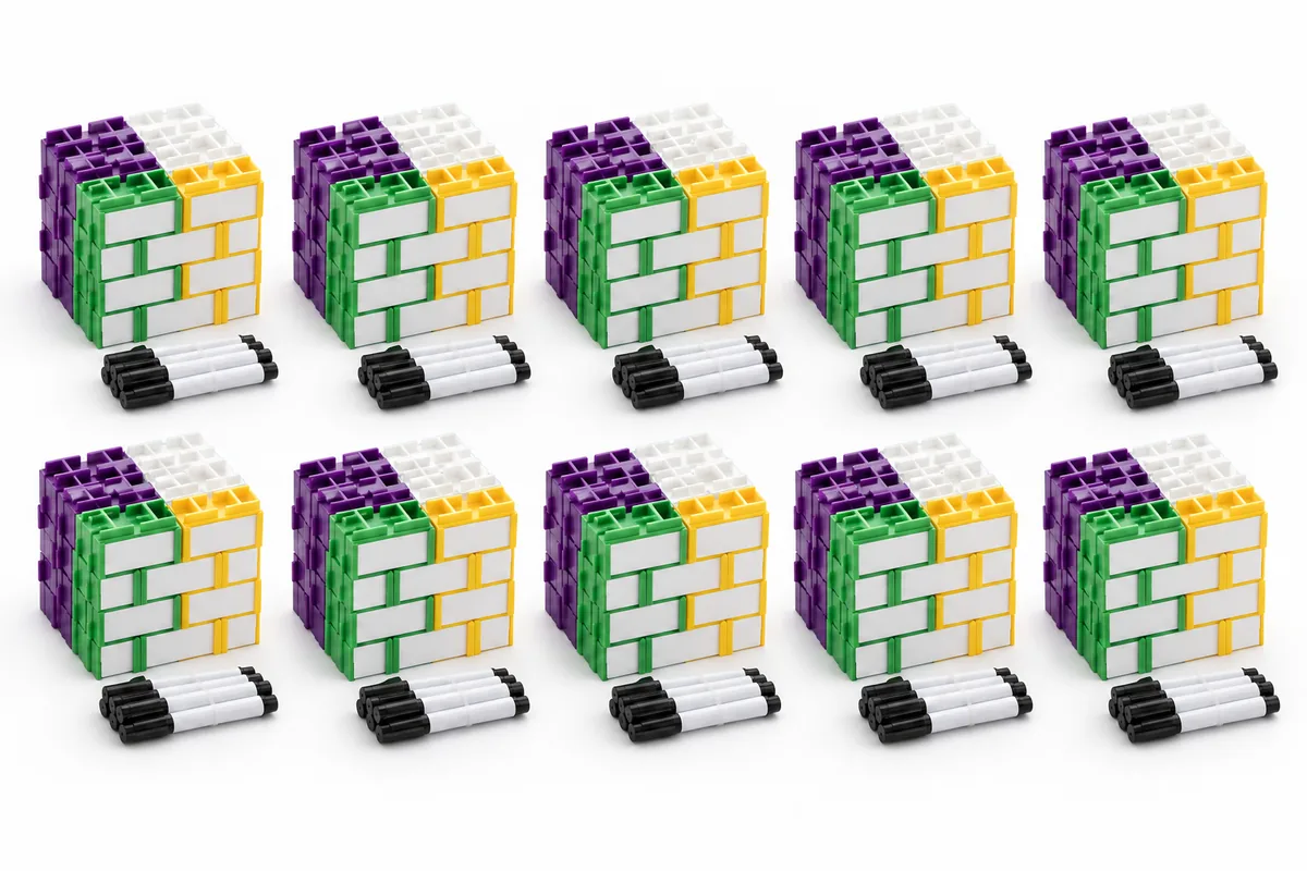 Illustration: ten identical Writer's Block class kits in two rows of five, each a solid stack of blocks in four colours with a bundle of dry-wipe pens