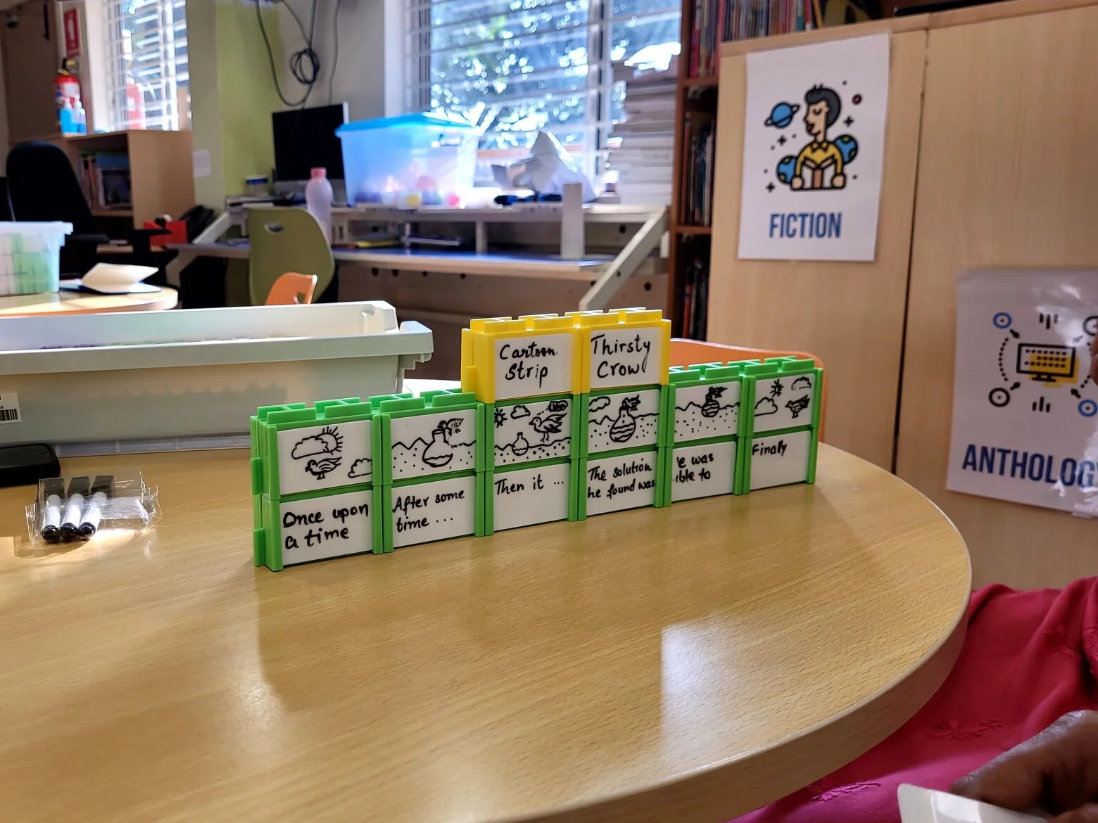 A story told in green and yellow blocks on a round library table, each block with a drawing and a sentence opener: Once upon a time, After some time, Then it, Finally. Dry-wipe pens and a stack of mini whiteboards sit beside it
