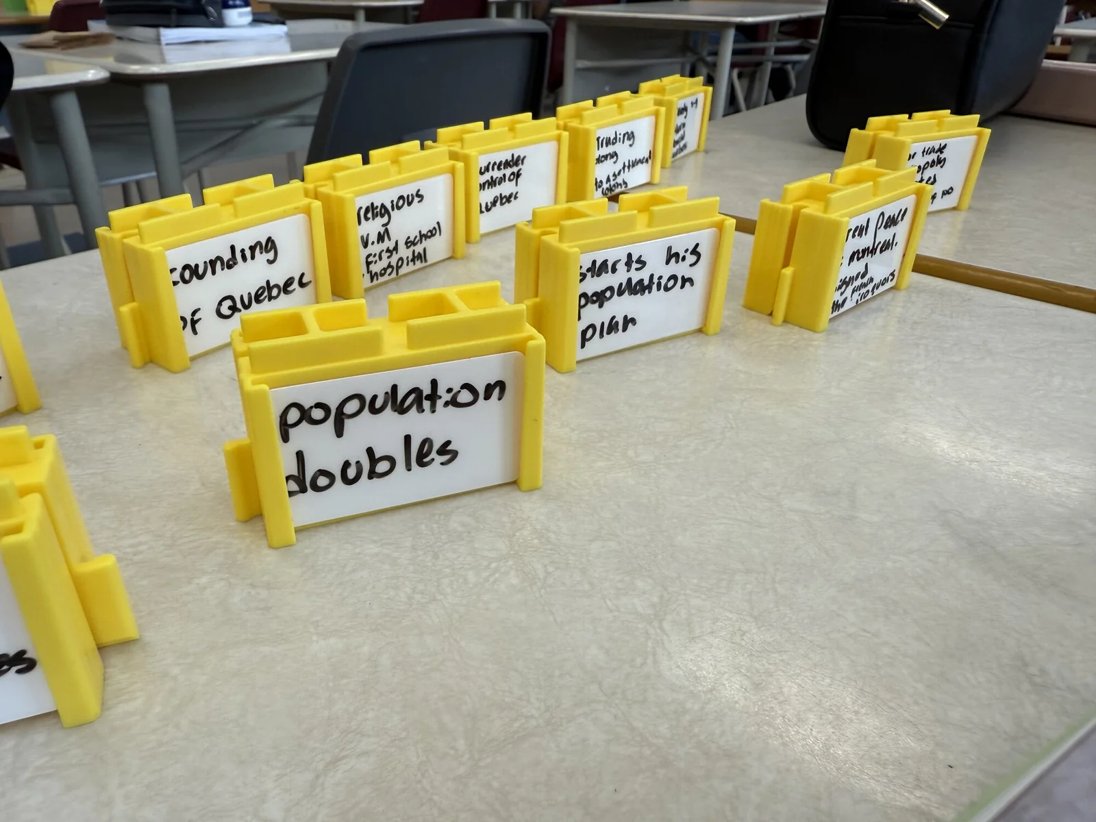 Yellow blocks standing on classroom tables, each holding one handwritten idea from the history of New France, such as founding of Quebec and population doubles