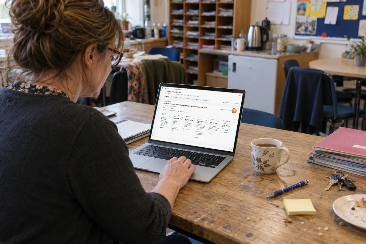 A teacher at a staff room table plans a lesson on a laptop; the screen shows a real learning journey from the platform, six steps for a persuasive writing lesson.