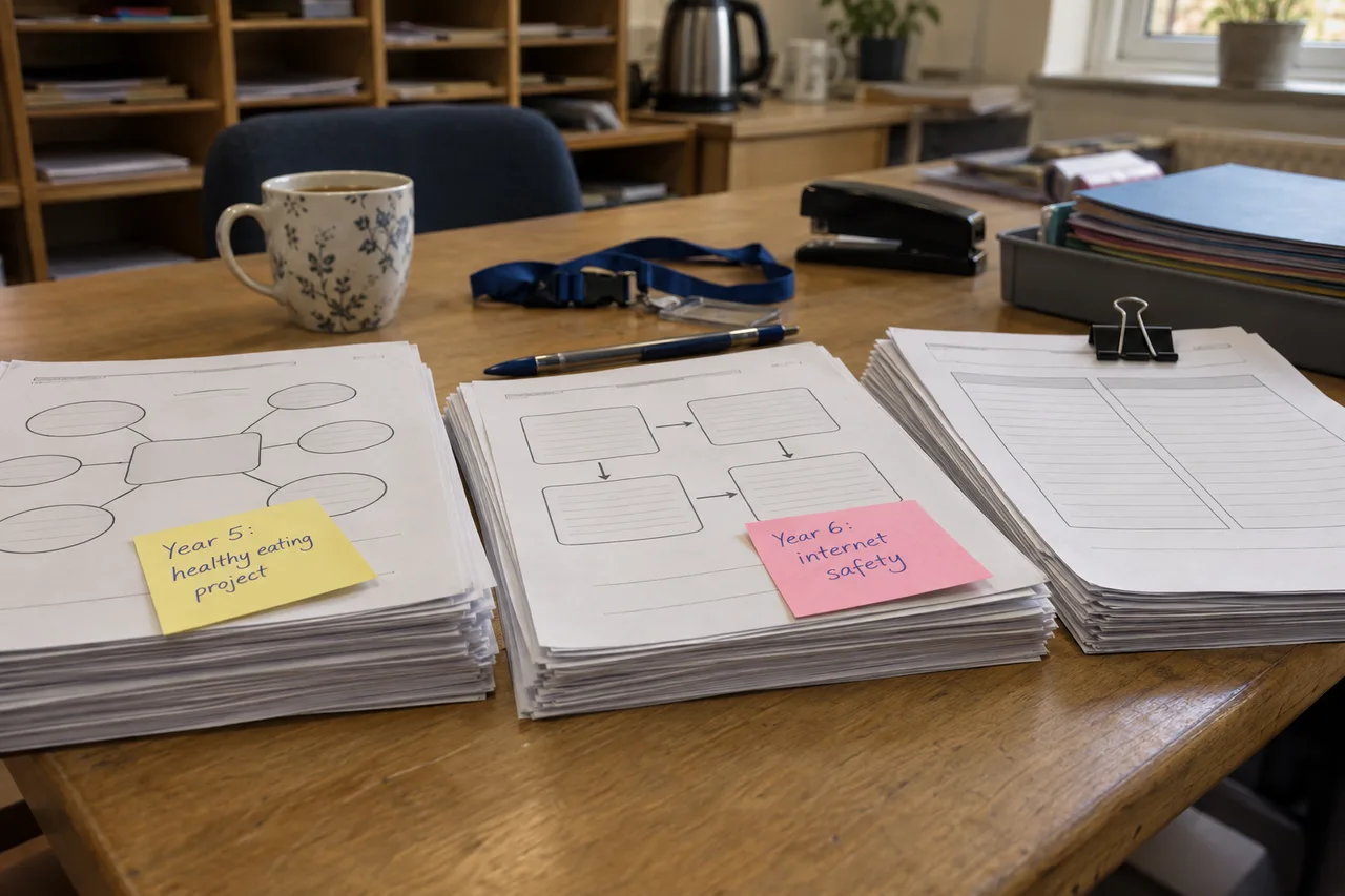 Stacks of printed graphic organisers on a staff room table, ready for the week. Sticky notes on the stacks read Year 5: healthy eating project and Year 6: internet safety.