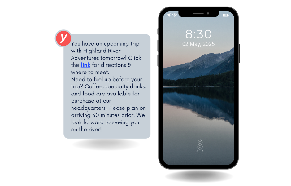 pre-trip SMS texts automatically sent by Yonder