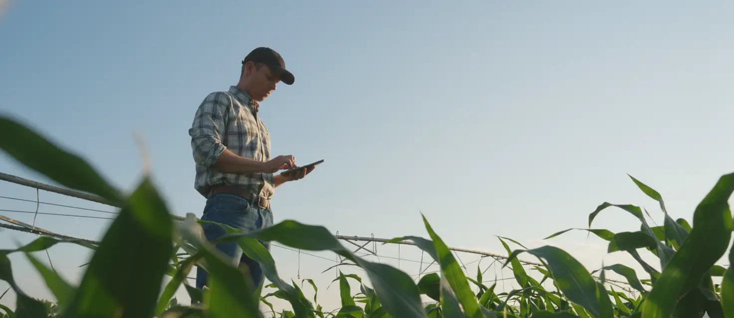 Agriculture worker looking at phone while assessing his crop 