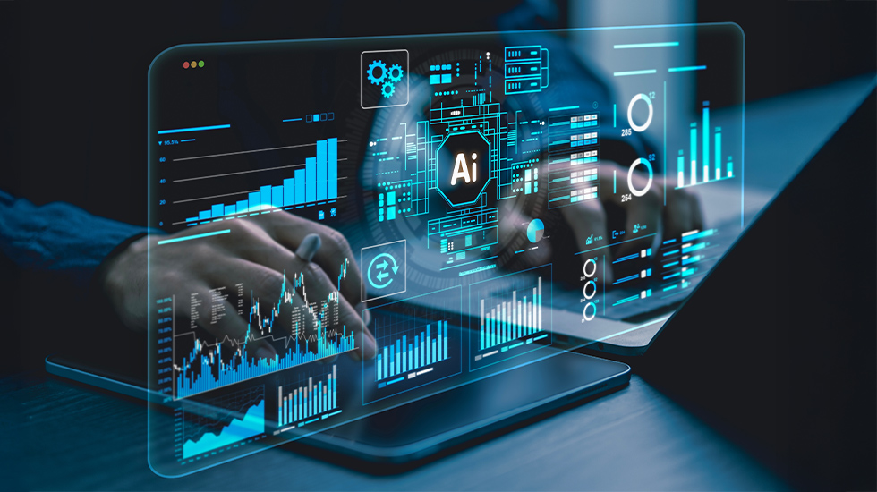 Person using a laptop with a futuristic AI interface overlay displaying data analytics, charts, and graphs.