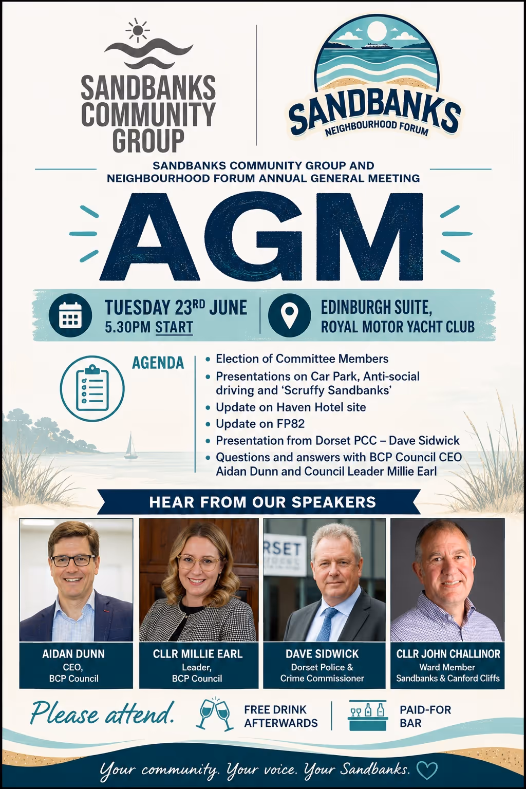 Poster for Sandbanks Community Group AGM on June 23rd at Royal Motor Yacht Club with agenda and speaker photos.