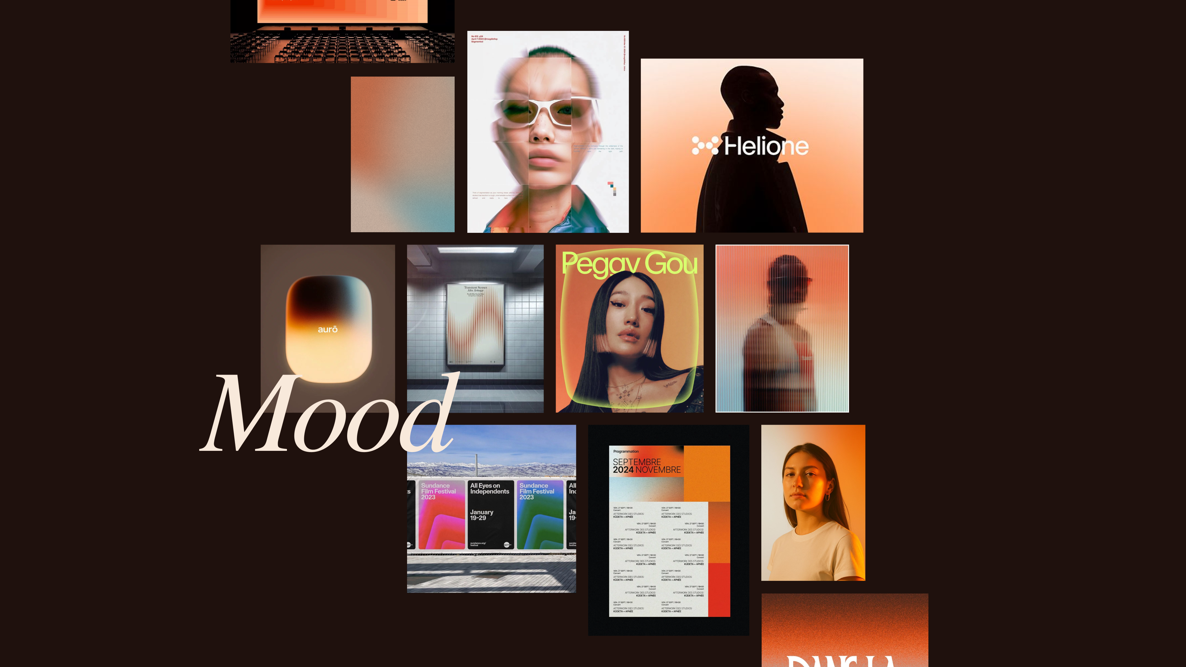Mood board for NimbleFest featuring a collage of warm, analog-inspired visuals: portraits with soft orange gradients, glowing abstract forms, film-like photography, and editorial design references including Peggy Gou and Sundance Film Festival posters. The palette is terracotta, peach, and deep brown — evoking craft, warmth, and intentional design.