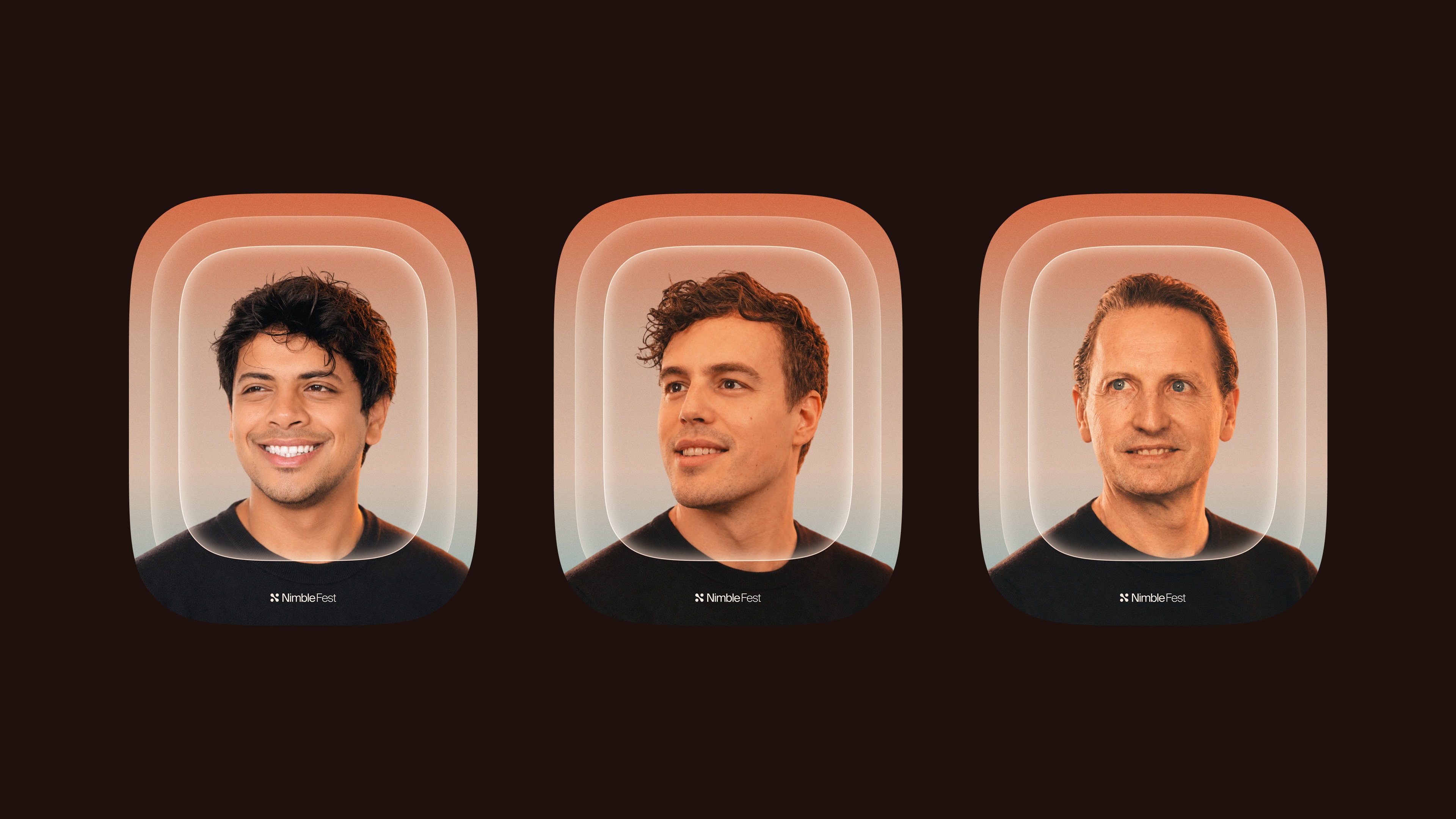 Three NimbleFest speaker portraits side by side, each framed in layered, rounded rectangles with a warm terracotta-to-cream gradient glow. The subjects — three men in black — are photographed with warm, cinematic lighting against a deep brown background. The NimbleFest logo appears beneath each portrait.