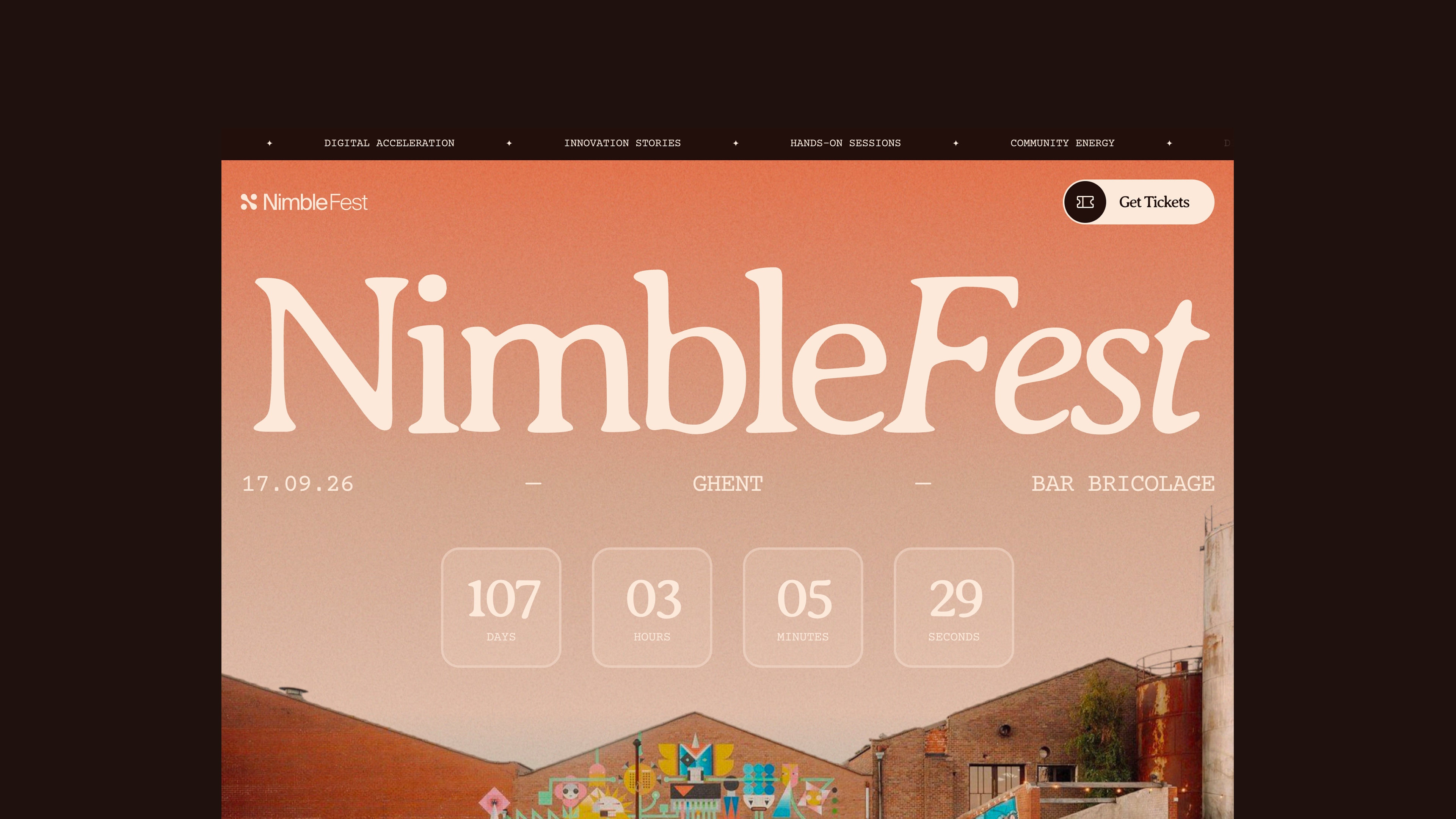 Screenshot of the NimbleFest 2026 website hero section. Large serif wordmark "NimbleFest" in cream on a warm terracotta gradient background. Event details read: 17.09.26, Ghent, Bar Bricolage. A live countdown shows 107 days, 3 hours, 5 minutes, 29 seconds. Navigation includes Digital Acceleration, Innovation Stories, Hands-On Sessions, and Community Energy. A street art mural is partially visible at the bottom.