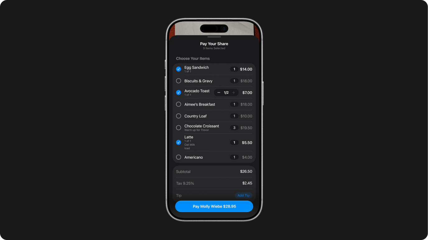iPhone bill-splitting UI showing a restaurant order with selected items, subtotal $26.50, and a Pay button for $28.95.