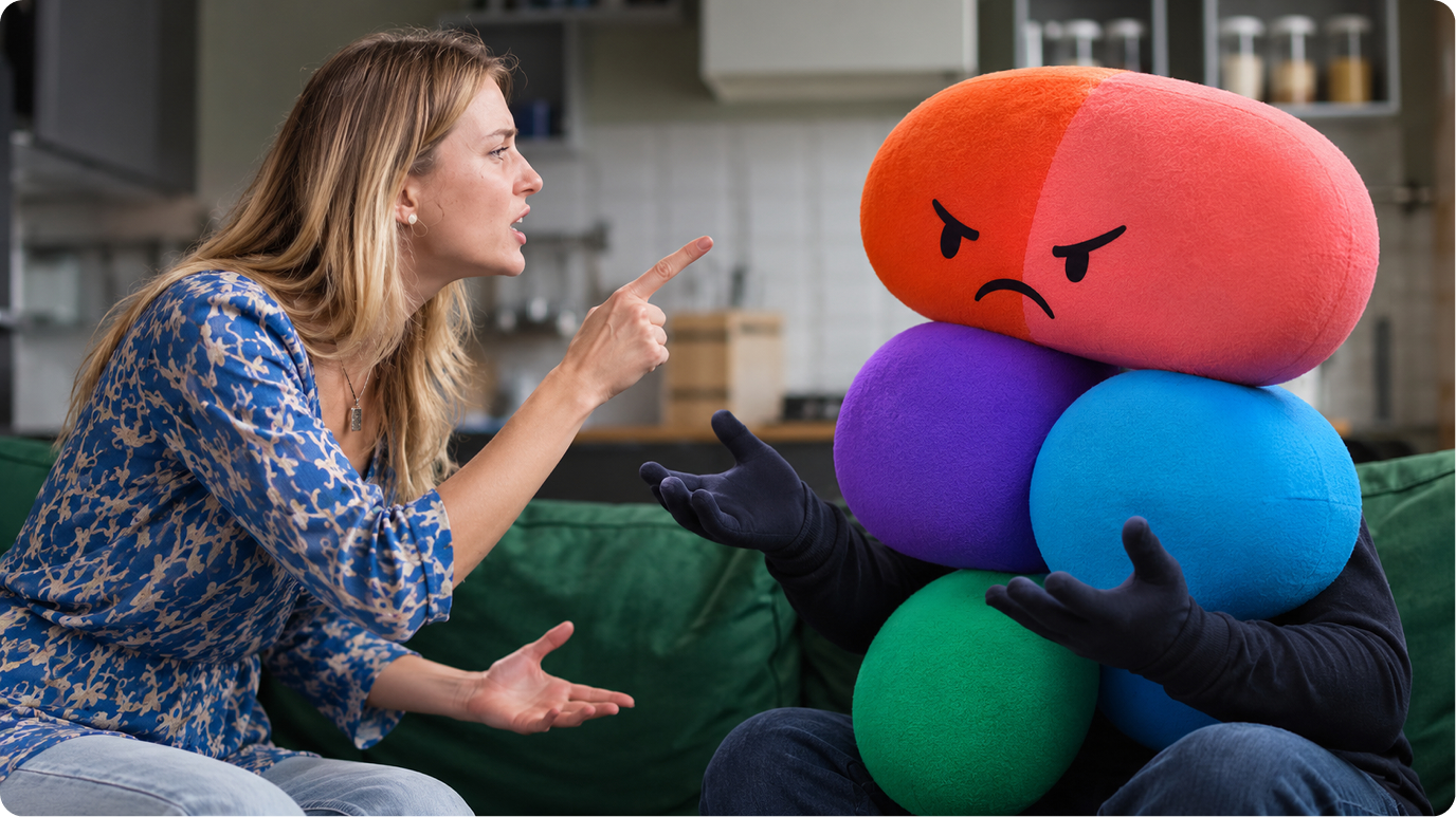 Woman in a blue floral top gestures angrily at a plush character made of stacked colorful blobs with an angry red-orange face, both seated on a green couch.