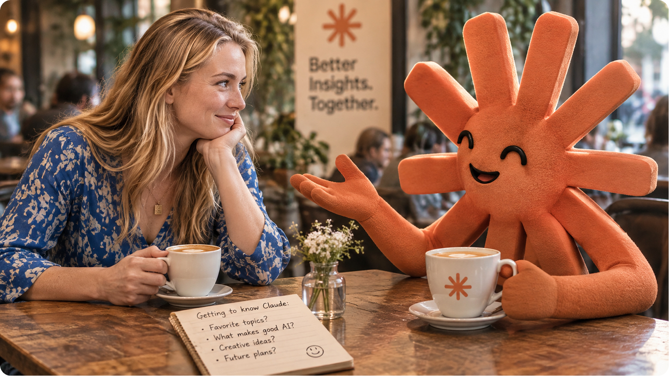 Woman smiling at a smiling orange sun-shaped plush character across a café table, both with coffee cups, notebook reading 'Getting to know Claude' on the table, poster in background reads 'Better Insights. Together.'