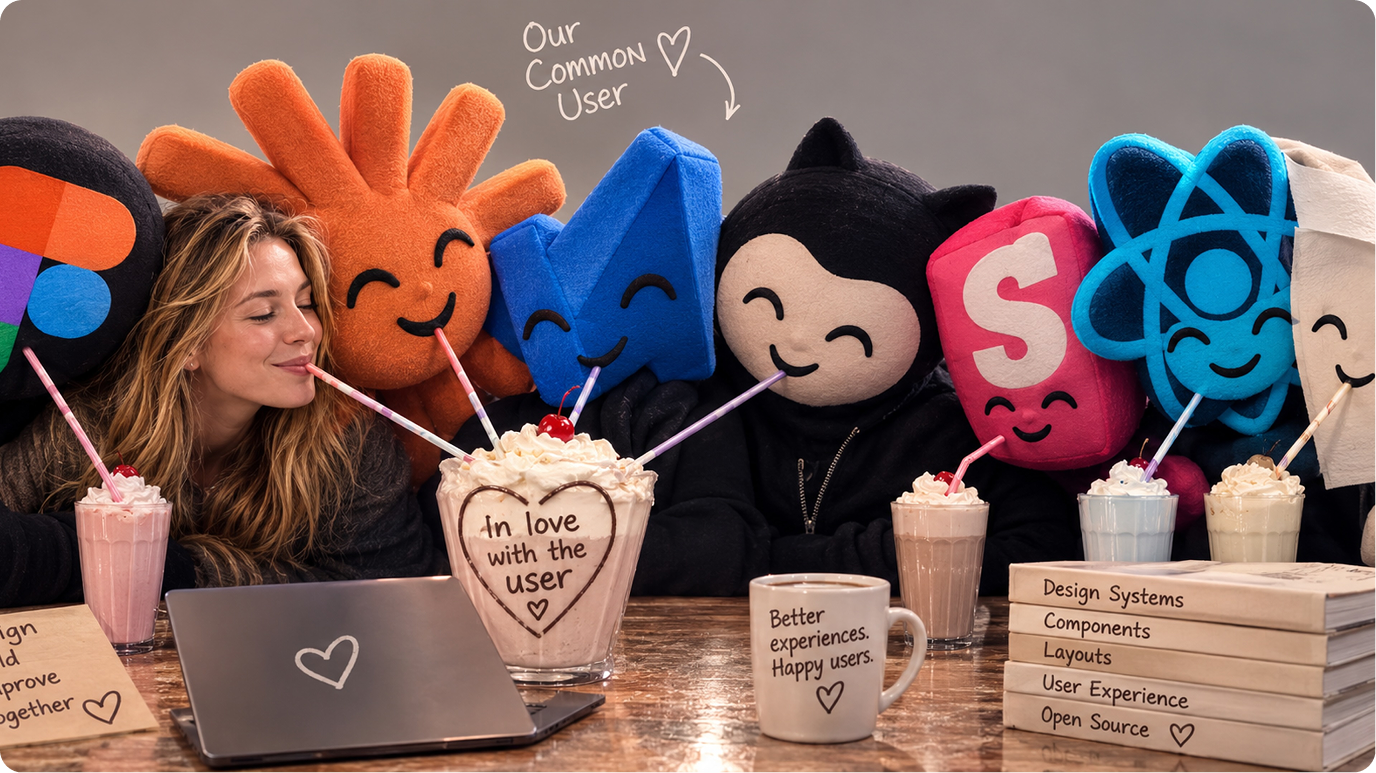 Woman and a row of smiling plush mascots representing design and dev tools (Figma, Claude, Framer, GitHub, Slack, React) drink milkshakes together through straws, with a milkshake glass labeled 'In love with the user' and a stack of books reading 'Design Systems, Components, Layouts, User Experience, Open Source.'