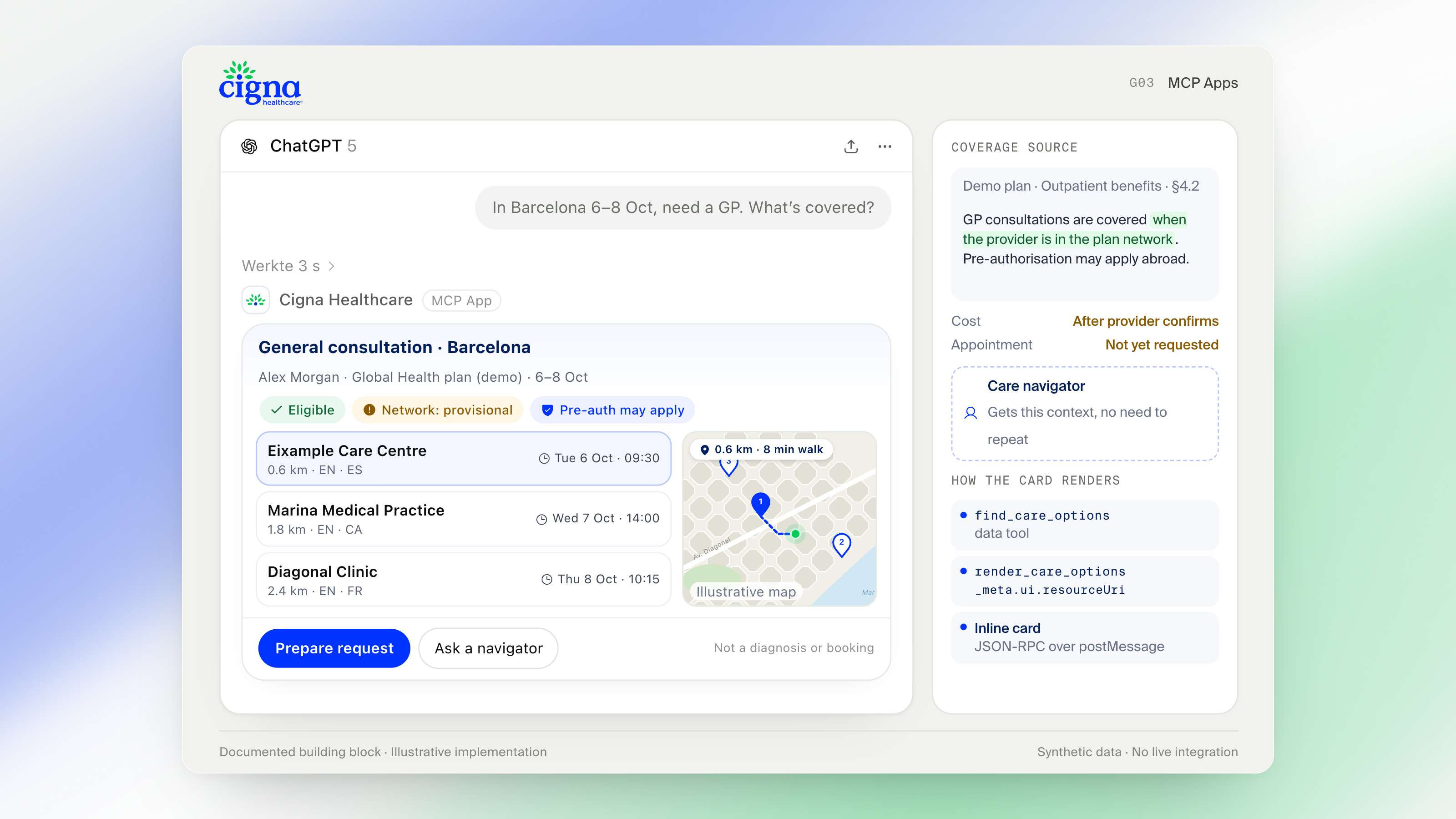 Coverage, nearby options and the source in one card. No diagnosis, no booking.