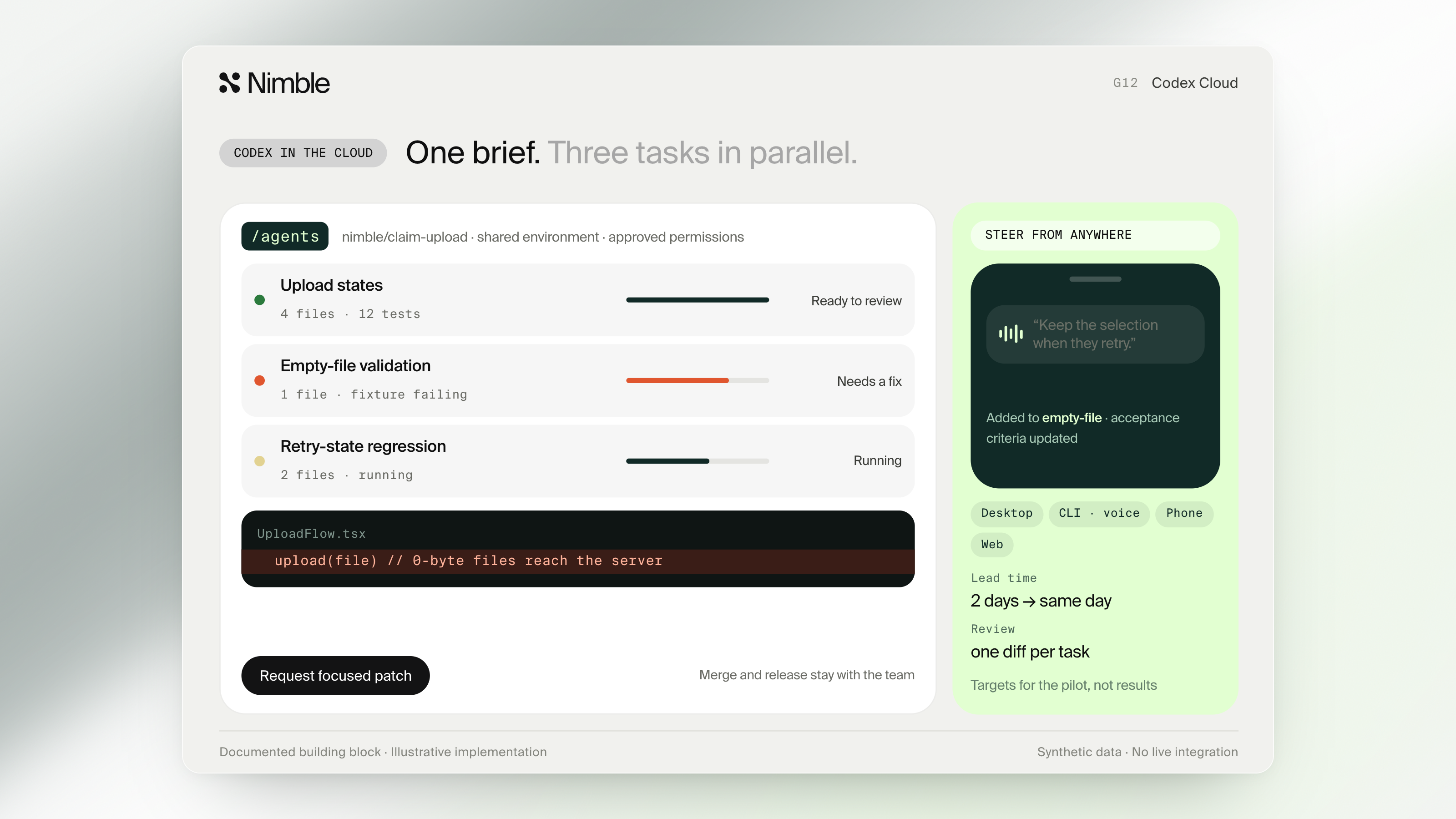 One brief. Three tasks in parallel.
