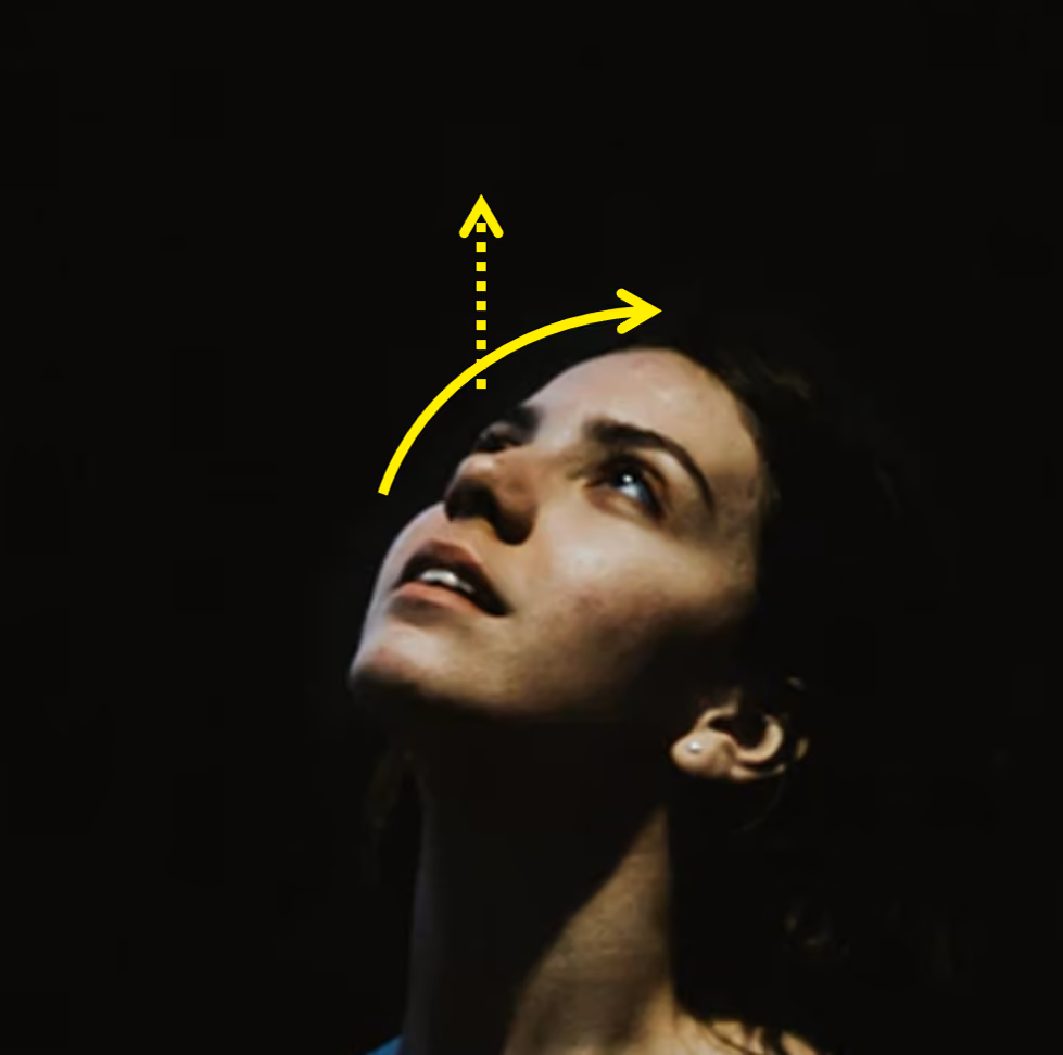 Setas ao redor de uma cabeça indicando o sentido do movimento - Movimentar a cabeça para trás e olhar fixo para cima ajuda na aplicação da pomada oftálmica. (Fonte: Rede Olhos)