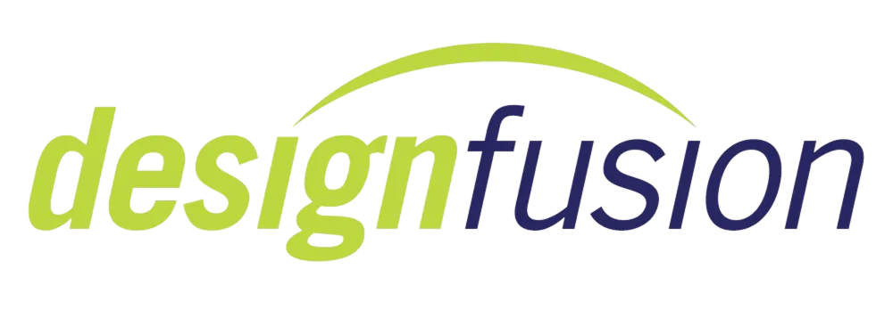Designfusion logo with 'design' in lime green and 'fusion' in dark blue, featuring a lime green arc over the text.