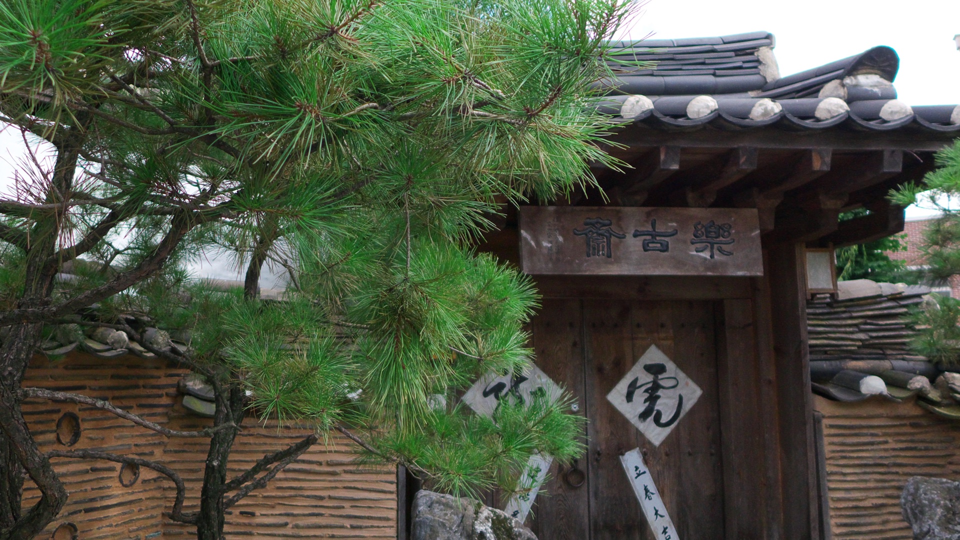 Ingresso in legno e tegole di Rakkojae Seoul, tra i rami di un pino