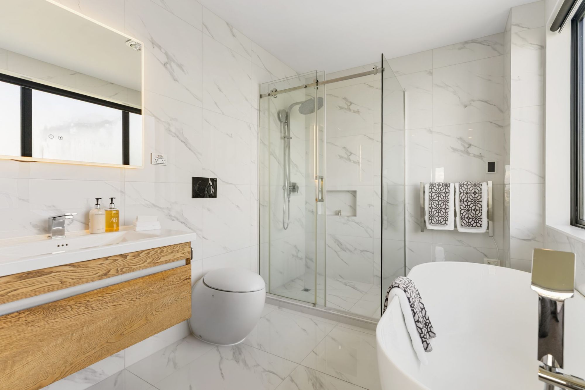 Seaview Road, Castor Bay - marble bathroom with freestanding bath