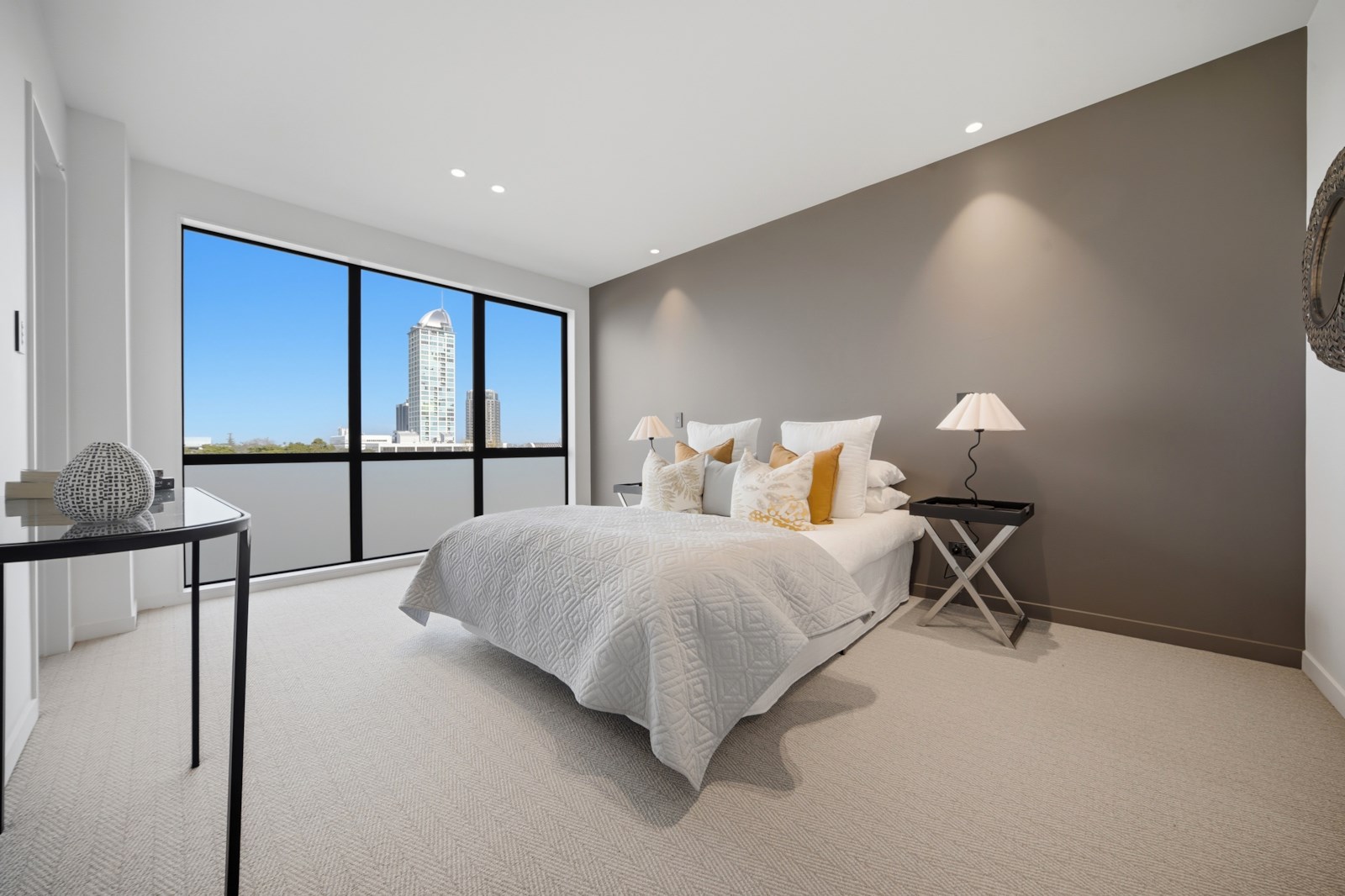 The Terrace, Takapuna - master bedroom with neutral styling