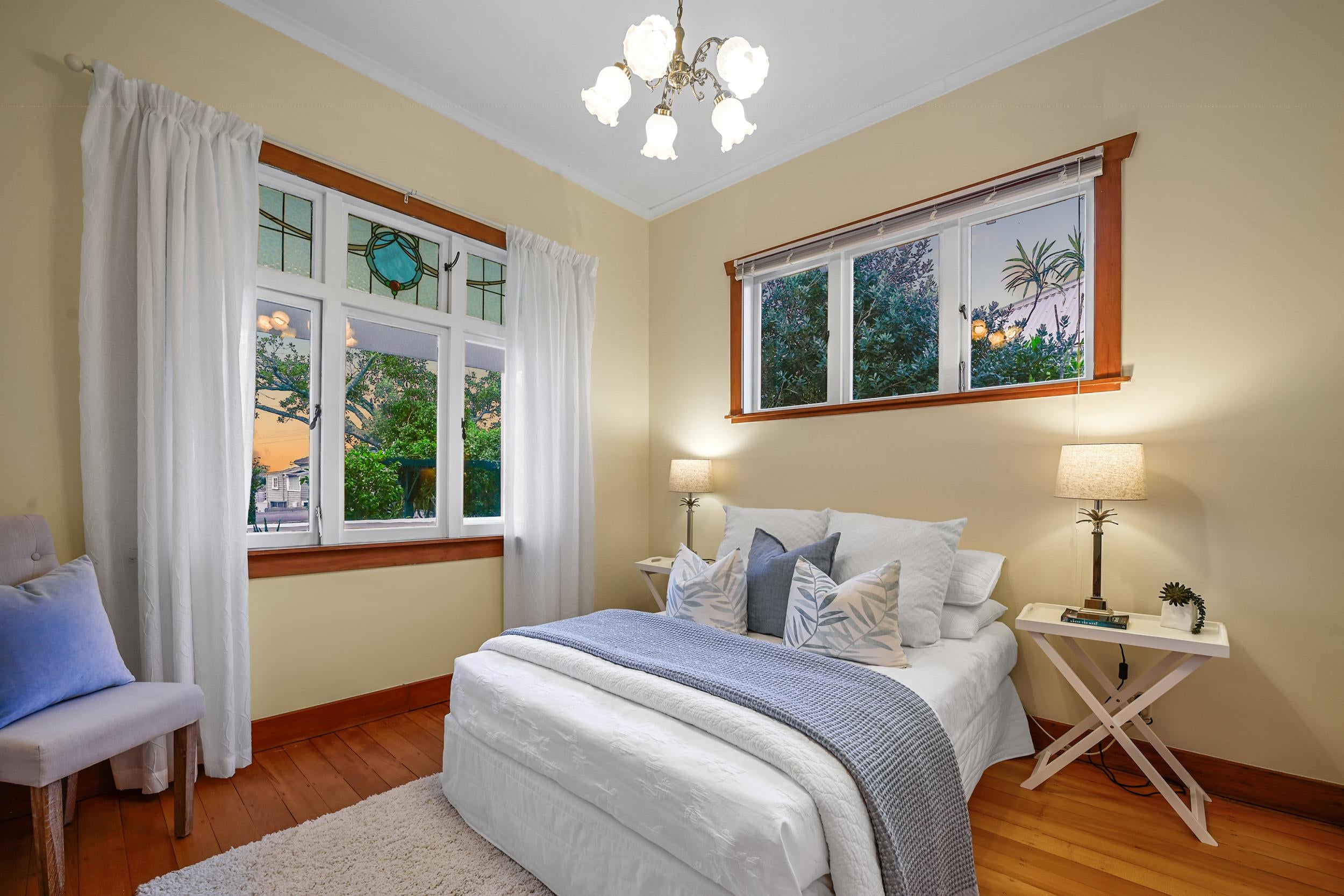 59 Clarence Street, Devonport - bedroom with bay window and leafy outlook