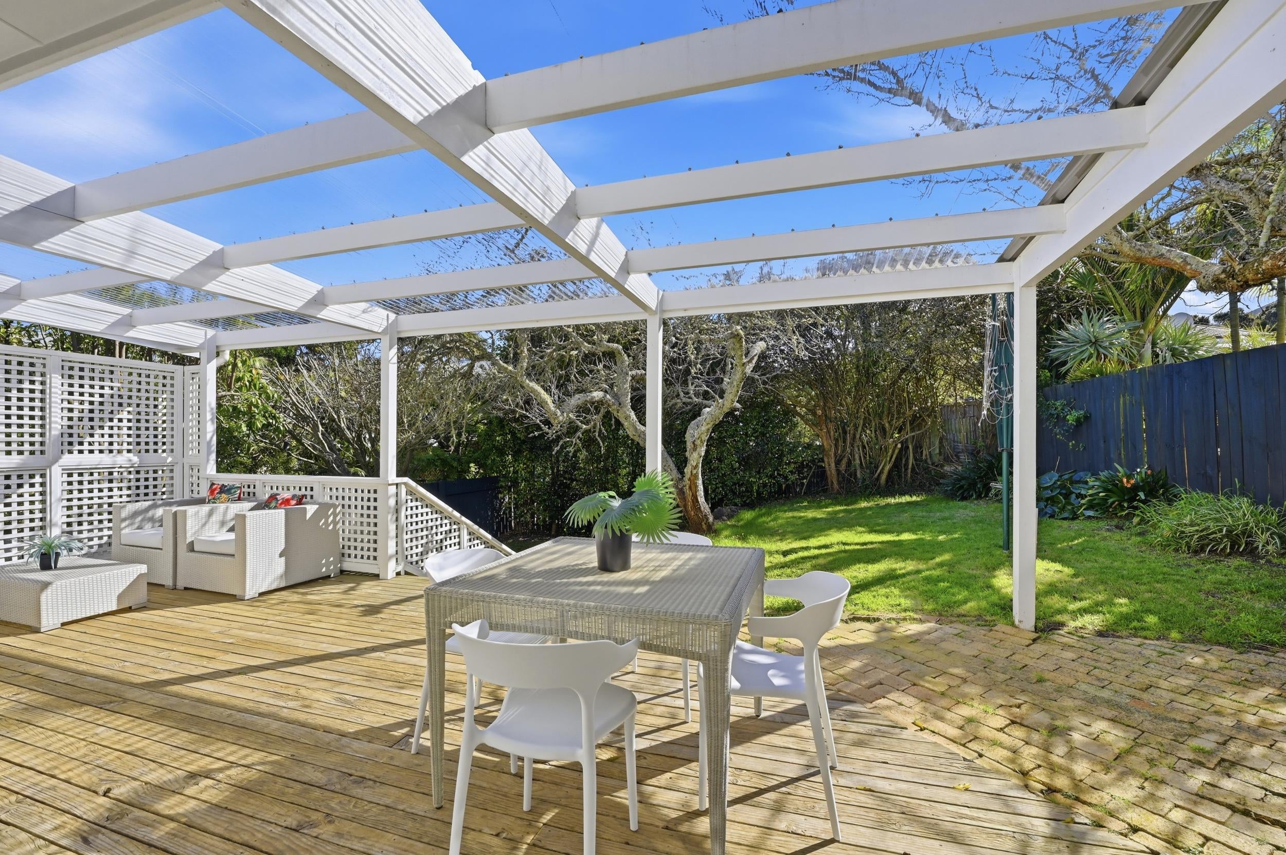 Huia Street, Devonport - furnished deck and pergola with outdoor dining