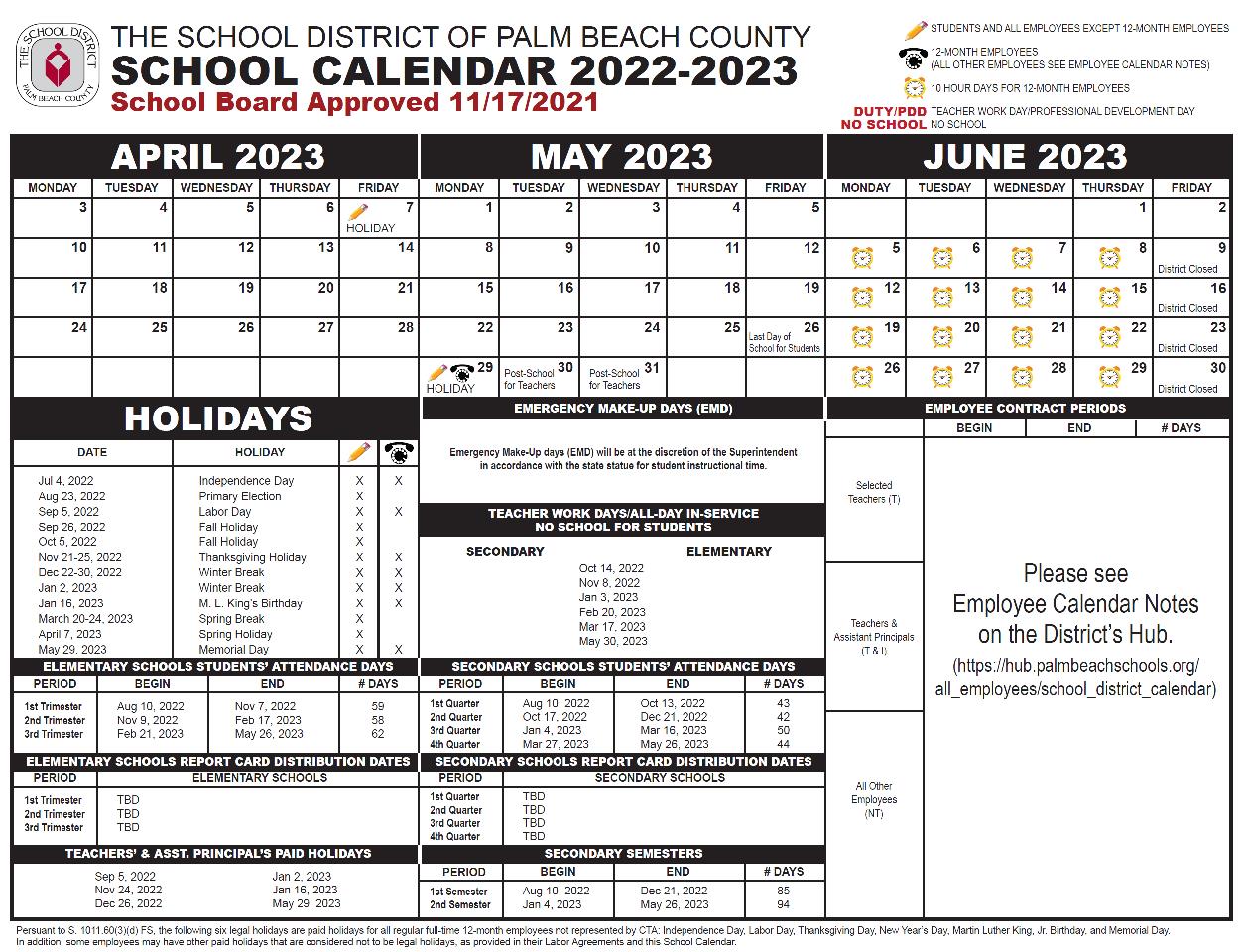 Palm Beach School Calendar July 2019 - March 2020