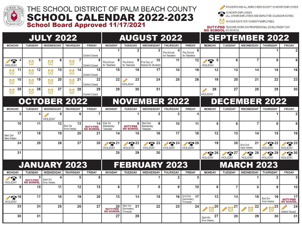 Palm Beach School Calendar July 2019 - March 2020
