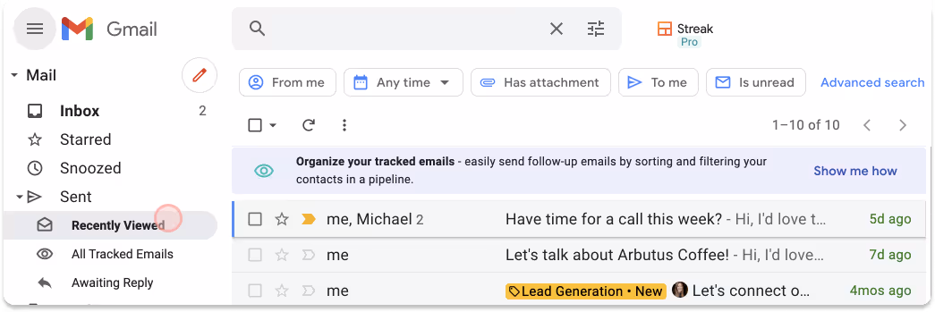 A screenshot of Gmail with Recently Viewed section after installing Streak