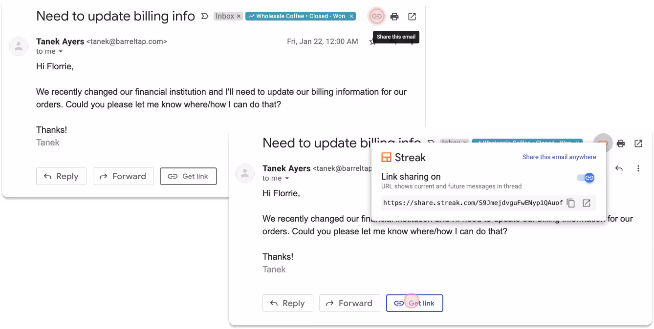 A screenshot of Gmail email with shareable link icon after installing Streak