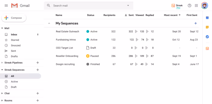 Automated follow up sequence page displayed in Streak 