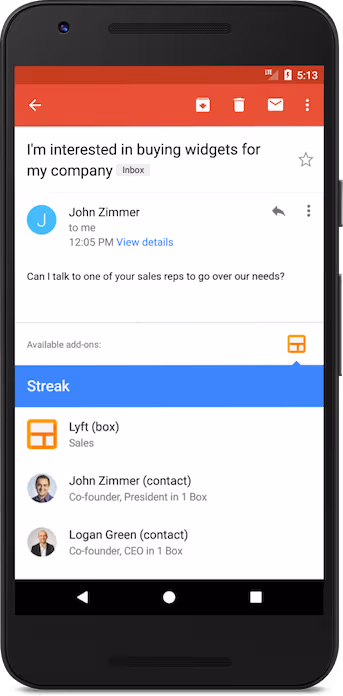 Streak's Gmail Add-on on an Android device