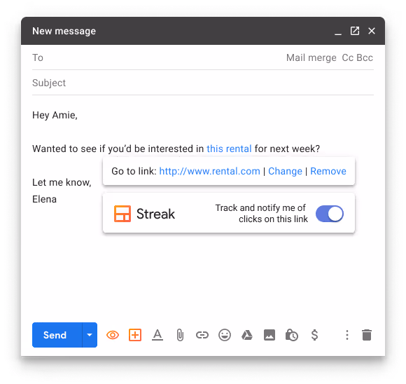 A composed email draft and a Streak toggle window for email link tracking