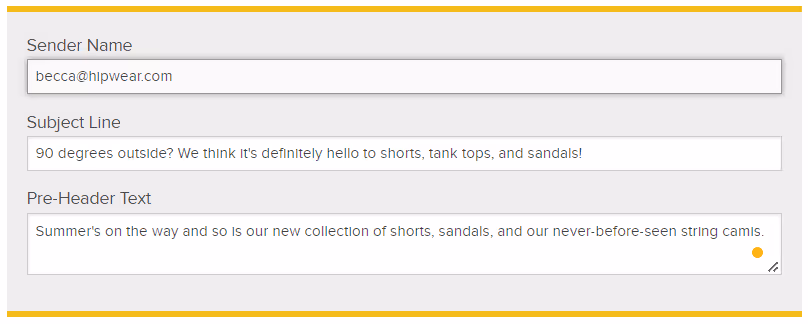 A screenshot of the fill-in template for the email sender name, subject line, and pre-header text
