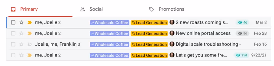A screenshot of Gmail inbox with Streak integration where recently viewed emails are shown