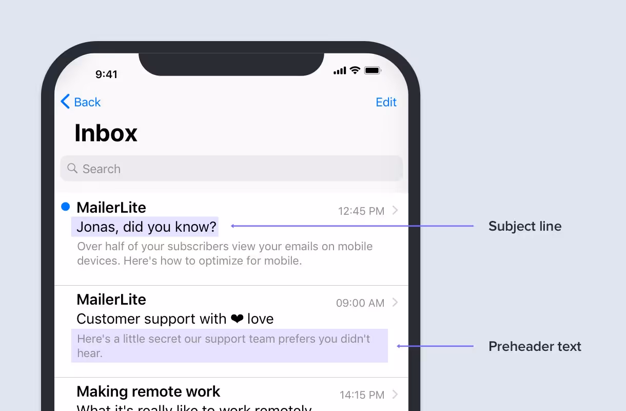 An illustration of an email inbox showing the subject line and the preheader text