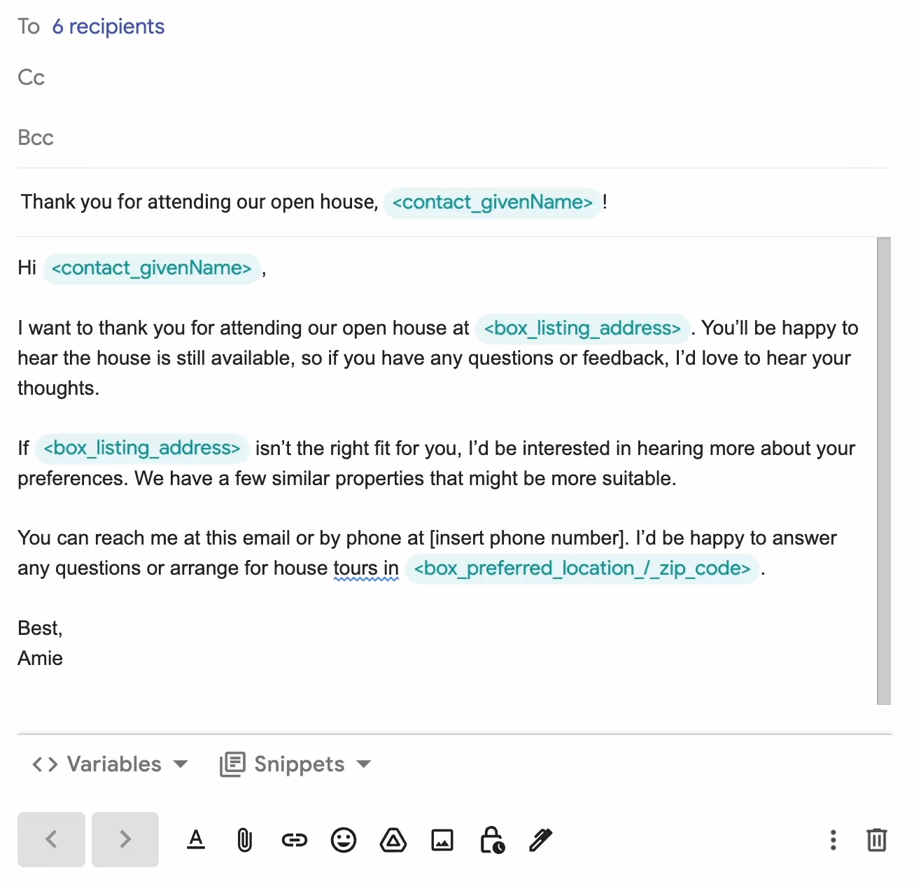 An email Compose showing the use of a prospect's name in the subject line made personalized for the recipient