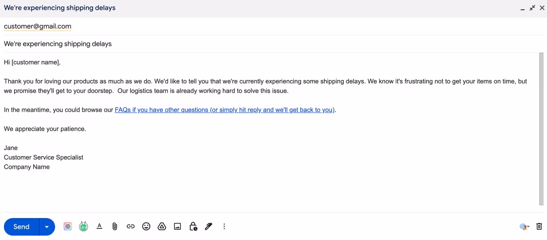 A screenhsot of an automated response email draft informing and explaining shipping delays.