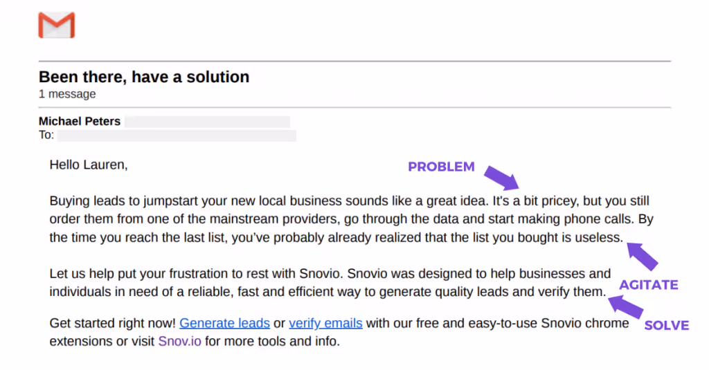 Sample draft of Problem – Agitation – Solution cold email