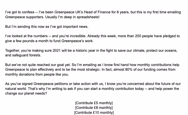 A screenshot of the email template from the global campaigning network Greenpeace aimed at its supporters who signed petitions and received newsletters but never donated