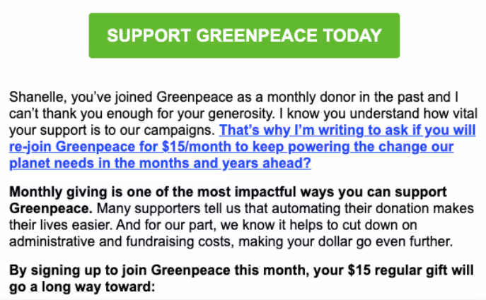 An email segment from Greenpeace sent to a recipient who has donated in the past
