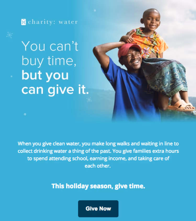 An email template with great imagery and formatting for charity: water's email fundraising campaign