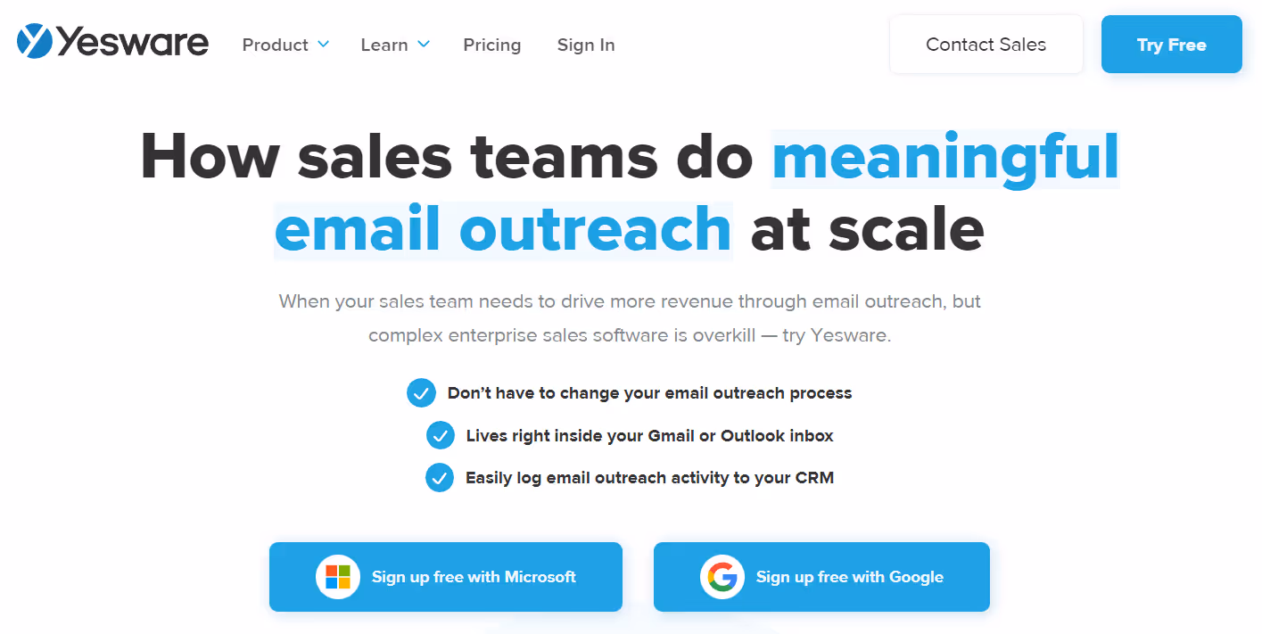 A screenshot of Yesware webpage for email outreach