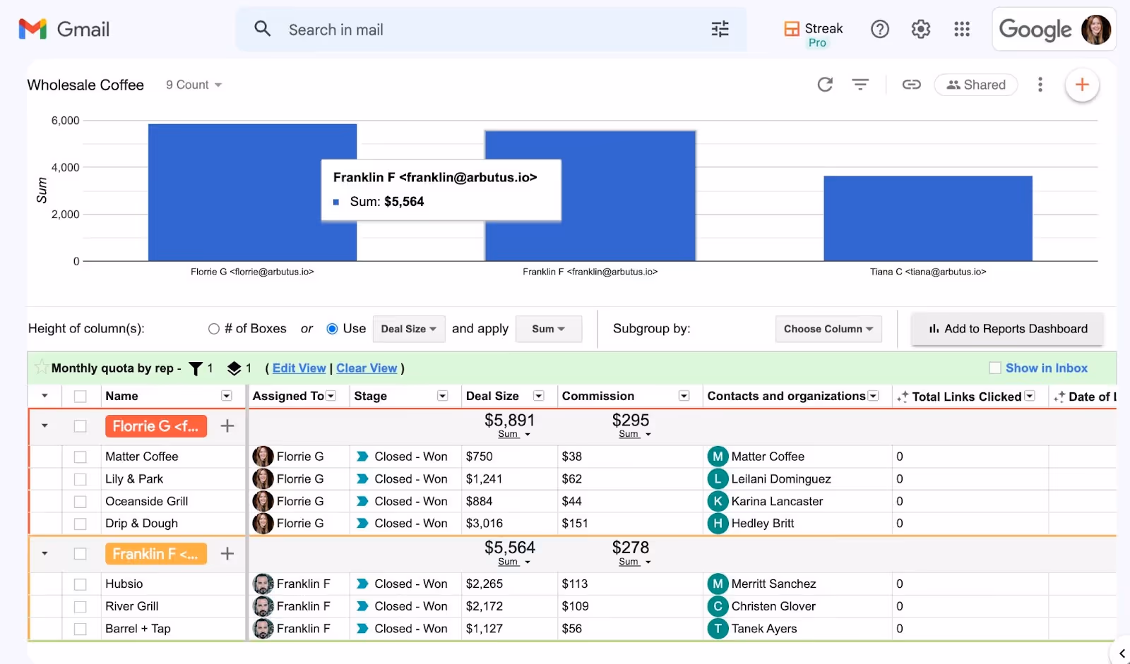 A screenshot of Streak tracing quota progress directly in Gmail