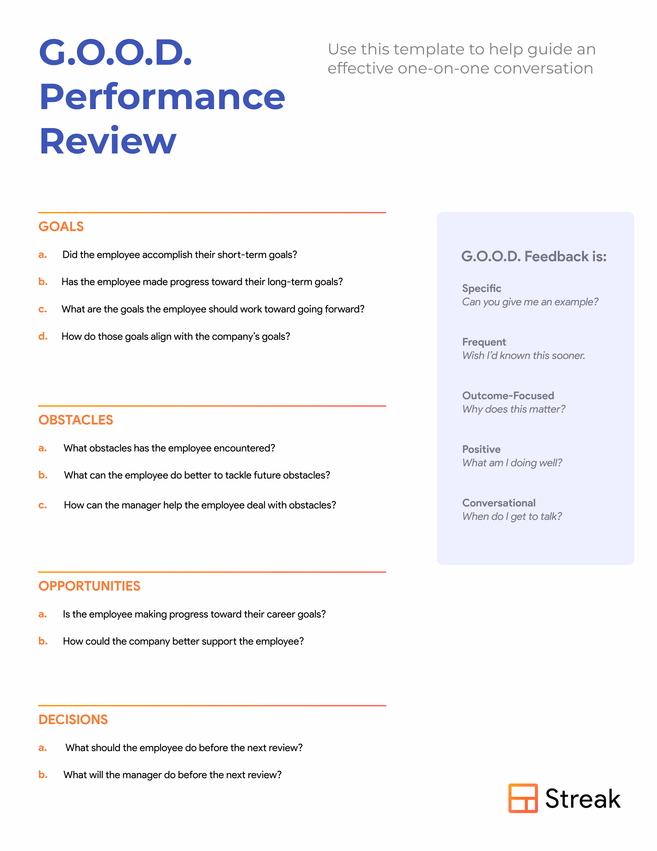 screenshot sample of the streak G.O.O.D. review template, which stands for Goals, Obstacles, Opportunities, and Decisions
