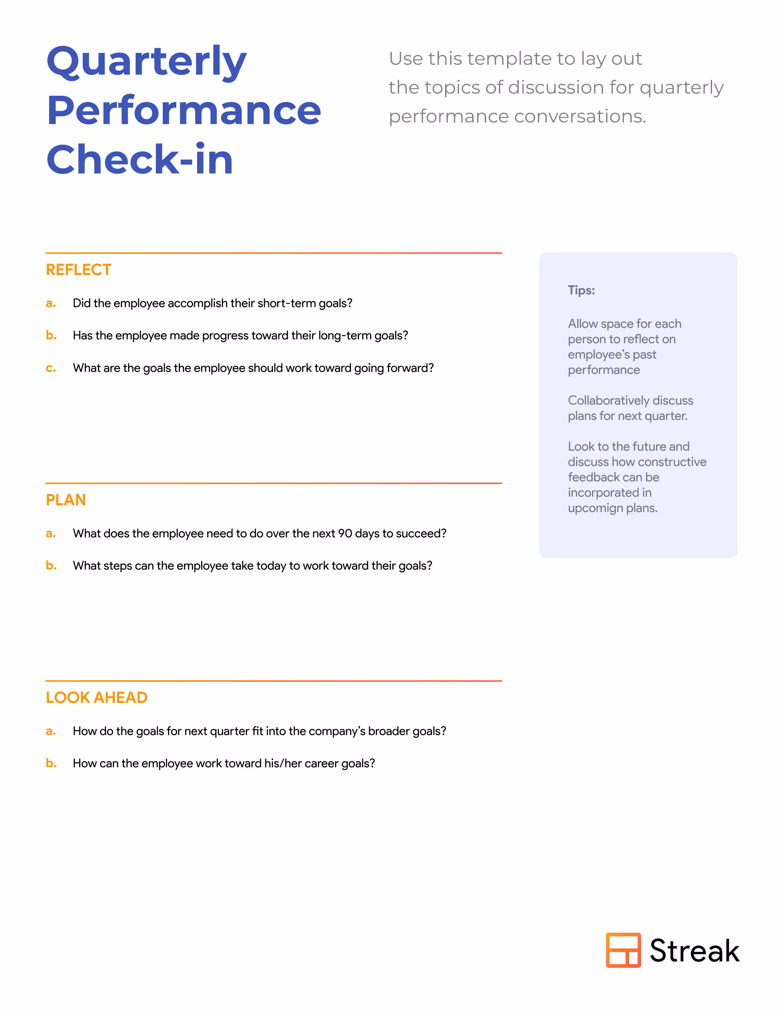 screenshot sample of a quarterly performance questionnaire from streak