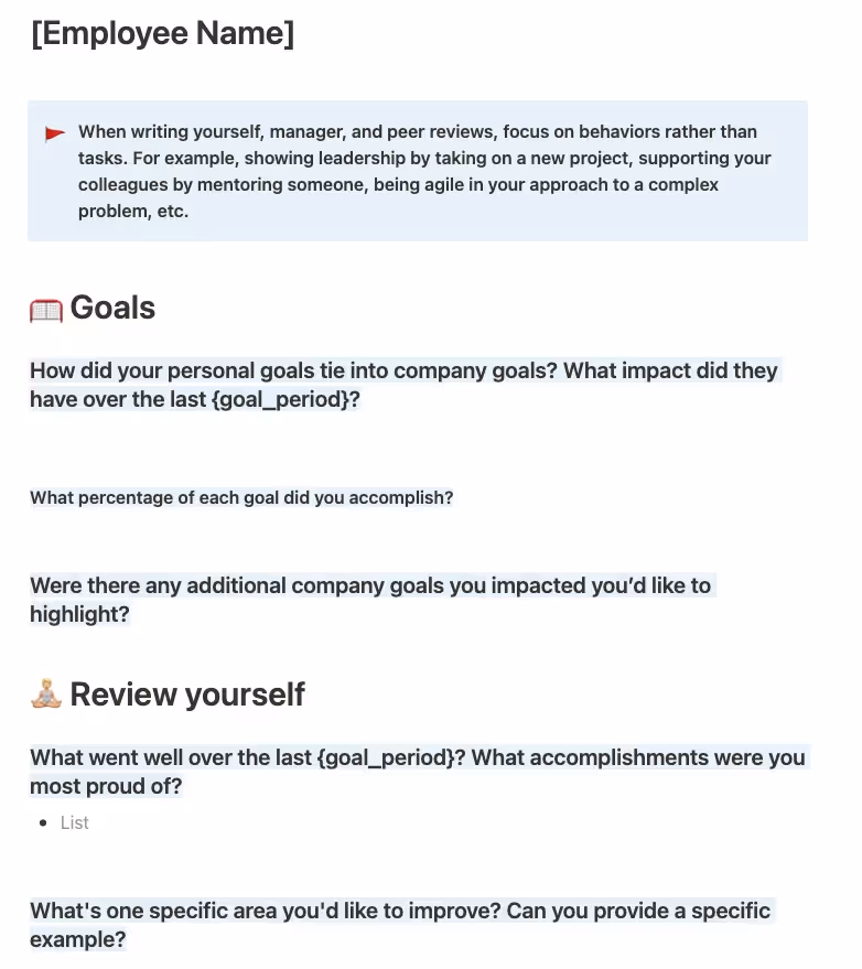 screenshot sample of a self-evaluation template in Notion